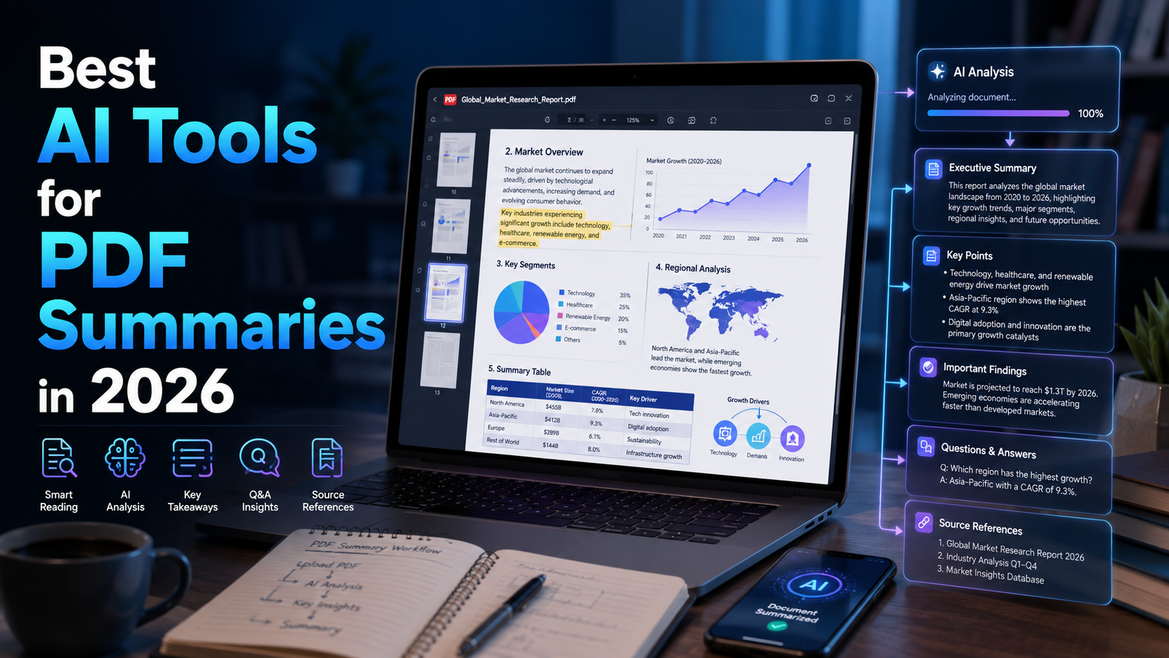 Best AI Tools for PDF Summaries in 2026 featured image showing an AI-powered document dashboard with note-taking, research, summarization, and learning tools.